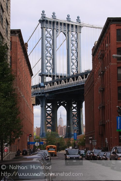 One of the Manhattan Bridge towers from Brooklyn